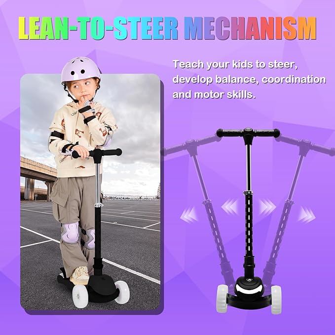 3-Wheel Light-Up Kids Scooter, 20 Different Light Patterns,Three Adjustable Heights,Lean to Steer, Balance Scooter for Ages 3-8