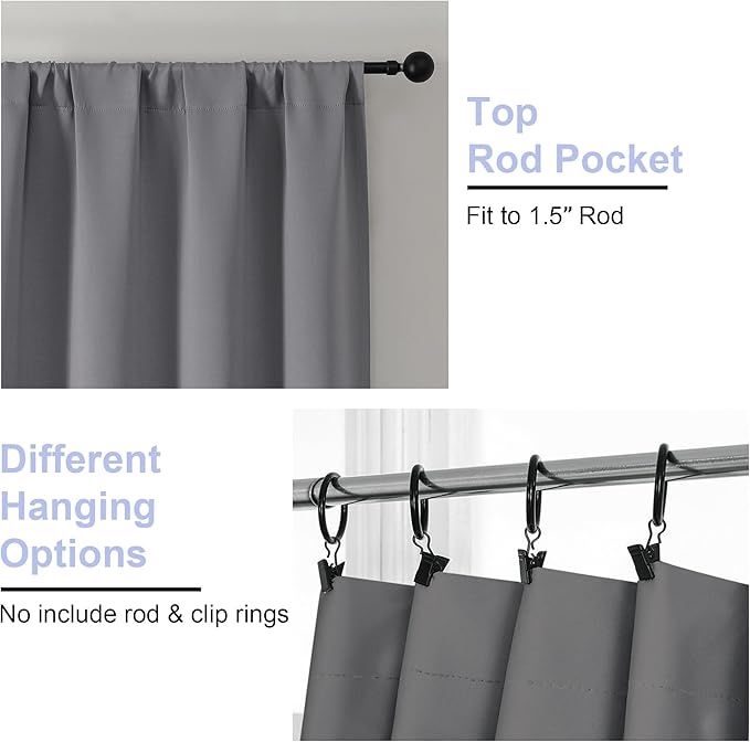 Simplebrand Ava Light Grey Short Blackout Curtains for Bedroom 45 Inches Long 2 Panels Set, Solid Thermal Insulated, Energy Saving Window Treatment Curtains Blackout Drapes, W40 x L45 Inch, Light Grey