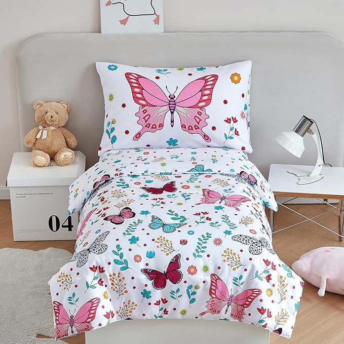 PERFEMET 4-Piece Girls Butterfly Bedding in Pink Floral - Reversible Colorful Flower Toddler Bed Comforter Set for All Season (White, Butterfly)