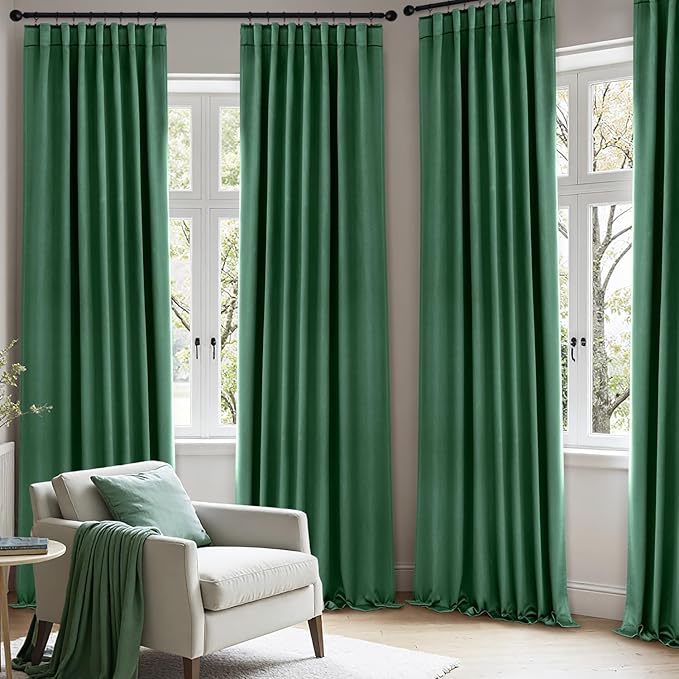 ANRODUO Back Tab Blackout Curtains for Bedroom Living Room, Rod Pocket Pinch Pleated Thermal Insulated Room Darkening Curtains 90 Inches Long 2 Panels, Hunter Green, 42 x 90 Inch