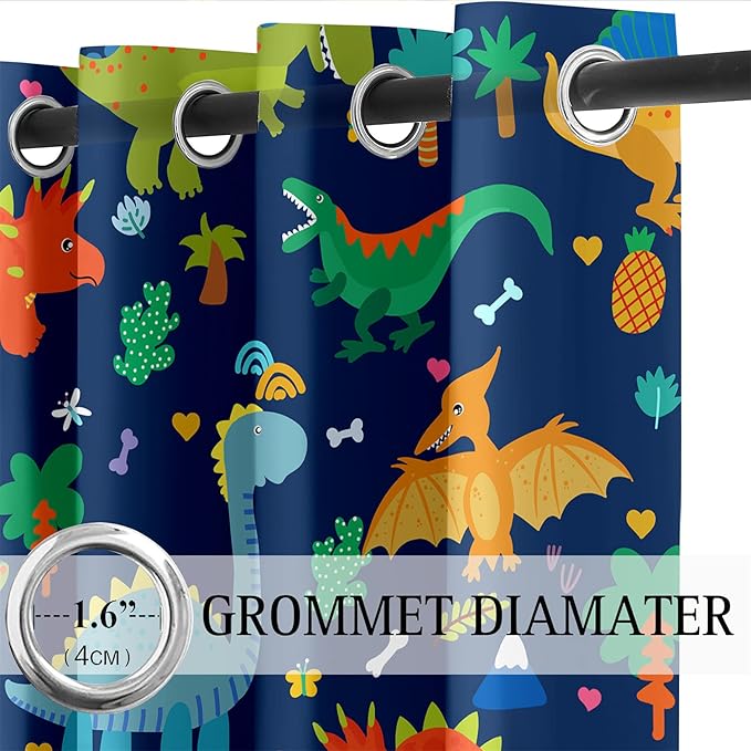 Cartoon Dinosaur Blackout Curtain Panels Curtains Blue Curtains for Boys Bedroom Grommet Top Window Treatment 2 Panels Drapes Kids Room Decor Navy Blue Curtains 84 Inch Length, 82" x 84"