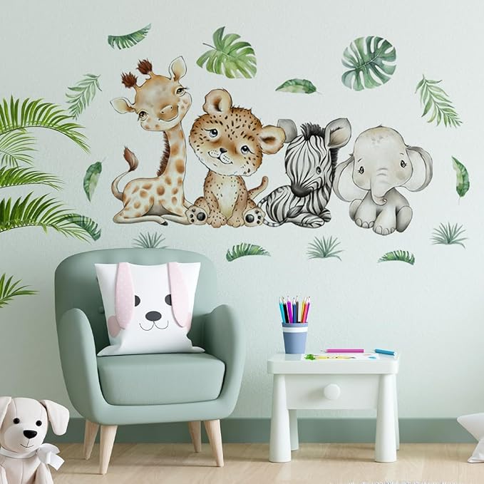 44.88 x22.98 Inch Watercolor Jungle Animal Wall Decals - Tiger, Elephant, Zebra Peel & Stick Wall Art Stickers for Baby Nursery, Playroom, Bedroom, Classroom & Kindergarten Decor