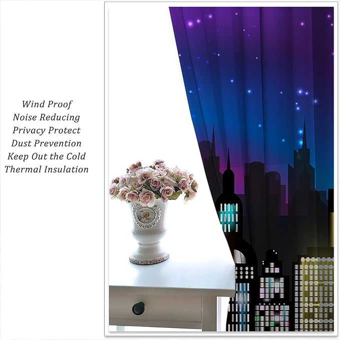 Superhero Rod Pocket Blackout Curtains for Boy Girl Bedroom, Super City Skyline Buildings Night Panorama Home Energy Efficient Light Filtering Window Curtain for Living Room, 63x63 inch