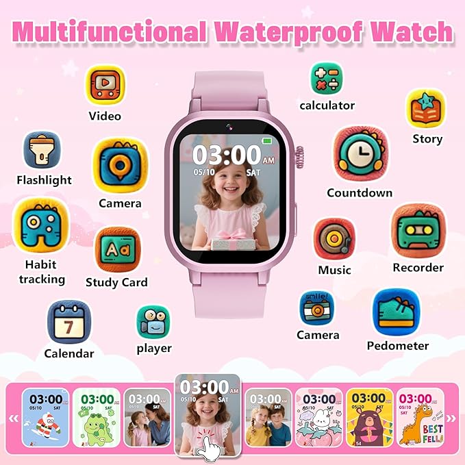 Kids Waterproof Smart Watch Girls Gift Age 3-12 with 39 Game HD Touch Screen Music Player Video Camera Pedometer Alarm Clock Birthday Gift for 6 7 8 9 Year Olds Pink
