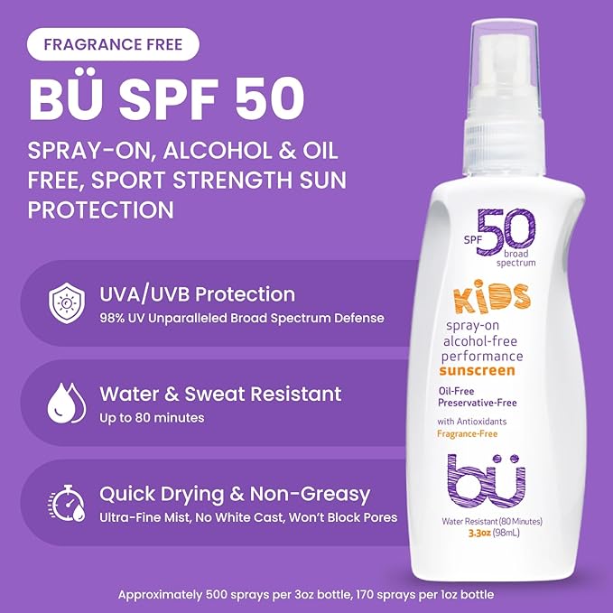 BU SPF 50 Fragrance Free Kids Sunscreen Spray for Face and Body, TSA Travel Size Sunscreen, Clear Non Aeorsol Spray, Non Greasy, Water Resistant and Oil Free, 3.3 oz and 1 oz (2-Piece Bundle)