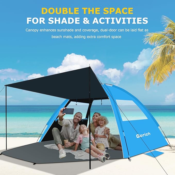 Gorich Beach Tent with Canopy - Easy Setup 3-4/5-6/7-8 Person Portable Sun Shelter, UPF 50+ UV Protection Sun Shade, Lightweight & Compact Beach Cabana for Family Travel