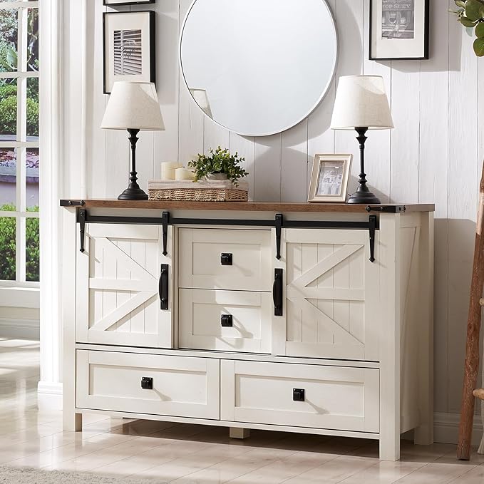 T4TREAM Farmhouse Dresser for Bedroom w/4 Drawers & Sliding Barn Doors, 48'' Wide Chest of Drawers, Rustic Dresser TV Stand w/Shelf, Organizer for Bedroom, Living Room, Entryway, Antique White