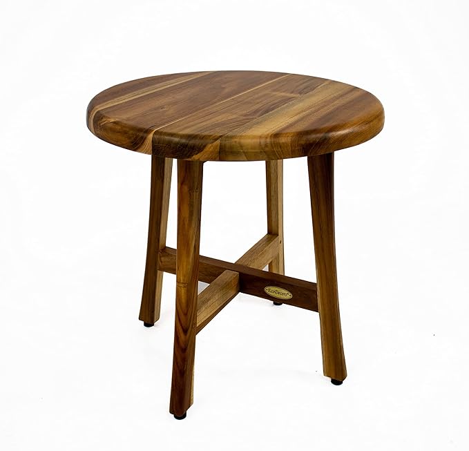 EcoDecors Shoji 17.5 Inch Round Table Waterproof Teak Wood Shower Bench Stool Seat Chair for Inside Shower Provides Safety, Storage, and Organization for Bathroom Accessories