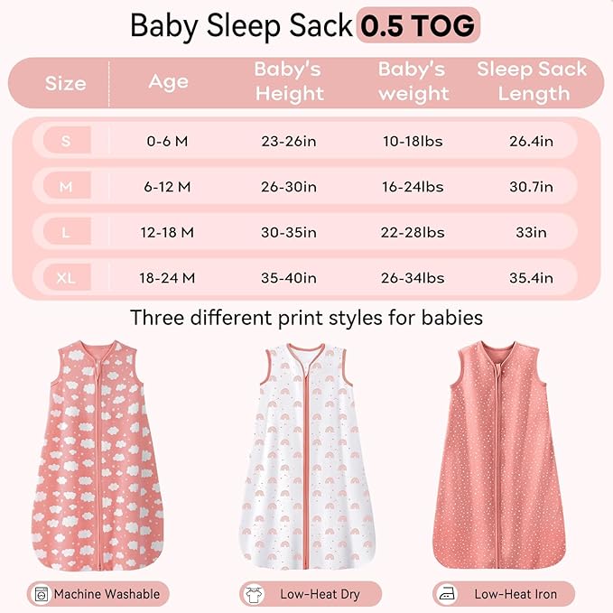 Baby Sleep Sack 6-12 Months 3 Pack 100% Cotton Lightweight 0.5 TOG Wearable Blanket Baby Sleep Bag with 2-Way Zipper for Newborn Infant Toddler Pink