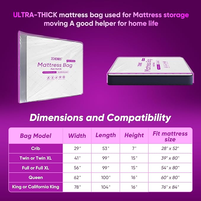 ZCHENBS® – Mattress Bags for Moving and Storage,Mattress Bag with Zippers,5 Mil Ultra-Thick Bed Bag,Waterproof,Anti-Tear,Heavy-Duty Mattress bag (Tansparent/Purple, Full/Full XL-(2 Pack))