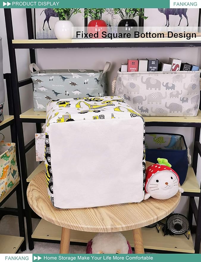FANKANG Square Nursery Hamper Storage Bins Canvas Laundry Basket Foldable with Waterproof PE Coating Storage Baskets Gift Baskets for Children, Office, Bedroom, Clothes（Square-Engineering ）