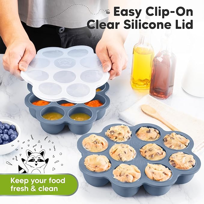 KeaBabies Silicone Food Freezer Trays with Lid, 2oz x 10 Pods Baby Food Storage Containers, Easy Puree Meal Prep, Breast Milk Silicone Freezer Molds, Dishwasher, Microwave Safe, BPA-Free (Slate)