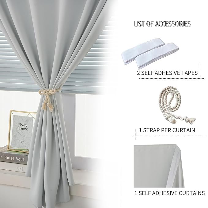 self Adhesive Curtains Portable Blackout Curtain Simple and Easy to Install Bedroom Window Thermal Lnsulated Kitchen Room Darkening Black Small Drapes, 35" W X 59" L, White, 1 Panel