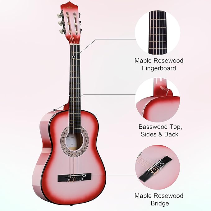 ADM Beginner Acoustic Classical Guitar 34 Inch Nylon Strings Wooden Guitar Bundle Kit for Kid Boy Girl Student Youth Guitarra Online Lessons with Gig Bag, Strap, Tuner, Strings, Picks, Pink