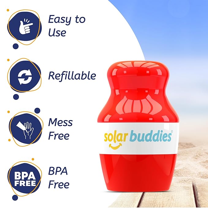Solar Buddies Sunscreen Applicator - Single Red - Refillable Roll on Sponge Sunscreen, Suncream & Lotion Applicator For Kids, Adults & Families - Holds 3.4fl oz, Perfect Size for Travel