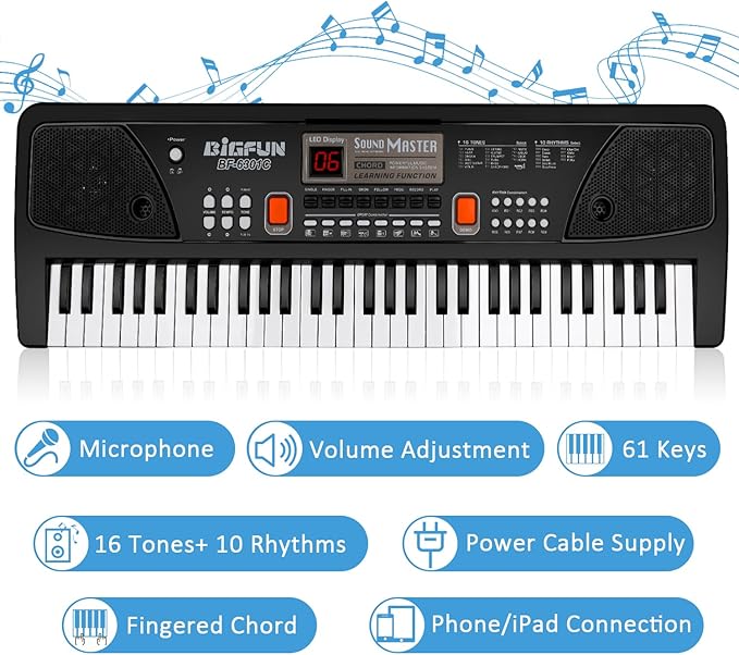 M SANMERSEN Piano for Kids with Microphone, Keyboard Piano for Beginners Electronic Keyboard 61 Keys with Dual Speakers/LED Display/AUX-in Jack/Music Stand Piano Toys for Boys Girls Ages 3-12