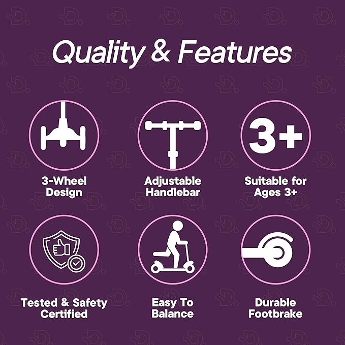 Pink & Purple 3 Wheel Scooter with Seat for Kids – Light-Up LED Wheels, Adjustable Handlebar and Seat, Smooth PU Wheels, Wide Anti-Slip Deck, Rear Foot Brake – Toddler Outdoor Toys for Ages 2+