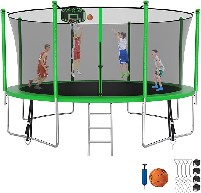 SKYUP Tranpoline 1500LBS 16 15 14 12 10 8 FT Tranpoline for 7-10 Kids and Adults, Windproof Outdoor Tranpoline with Enclosure Net, Basketball Hoop, Easy to Install & Last Long - ASTM Approved