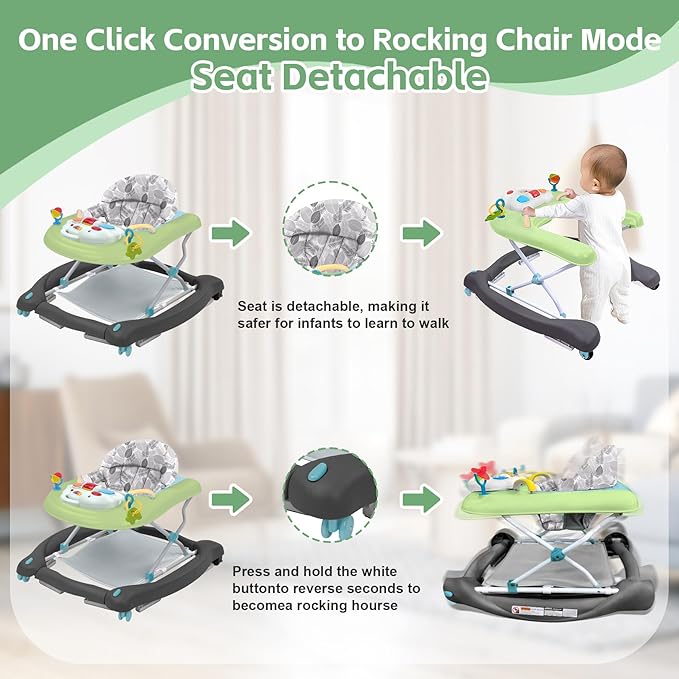 Foldable Baby 5-in-1 Activity Walker - Rocker, Activity Center, Bouncer, Seat Walker, Push Walker - Adjustable Speed Rear Wheels and Height Toys Ages 6-18 Months… (Green)