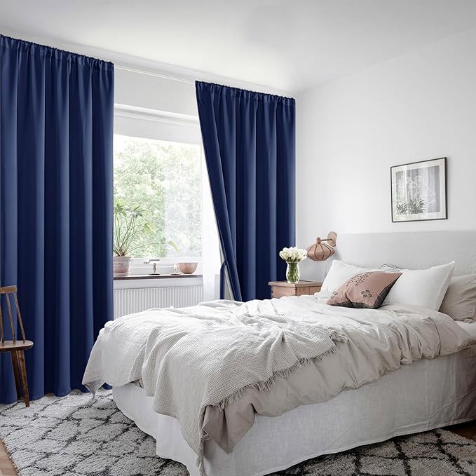 XWZO 100% Blackout Curtains 63 Inches Long with Tiebacks- 2 Layers Full Light Blocking and Thermal Insulated Black Liner Rod Pocket Curtains for Bedroom/Living Room, Navy Blue, W42 x L63, Set of 2
