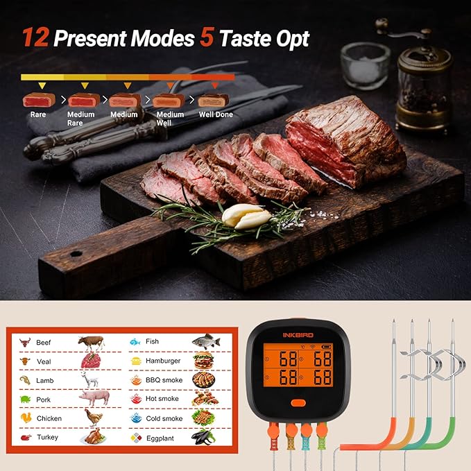 Inkbird WiFi Meat Thermometer for Grilling, Unlimited Rang Rechargeable BBQ Thermometer APP Calibration, Temp Graph Mobile Notification, 4 Colorful Probes Food Thermometer for Pellet Smoker Oven