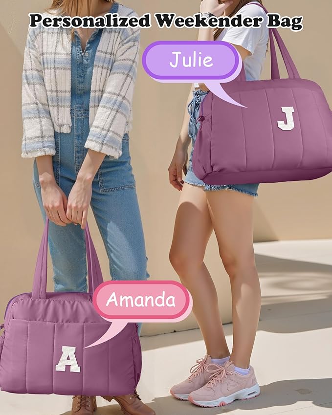 Duffle Bag with Initial, Spend The Night Bags for Women，Overnight Bag with Wet Pocket，Birthday Gift-Lightweight Travel Bags Personalized Gym Tote with Makeup Pouch