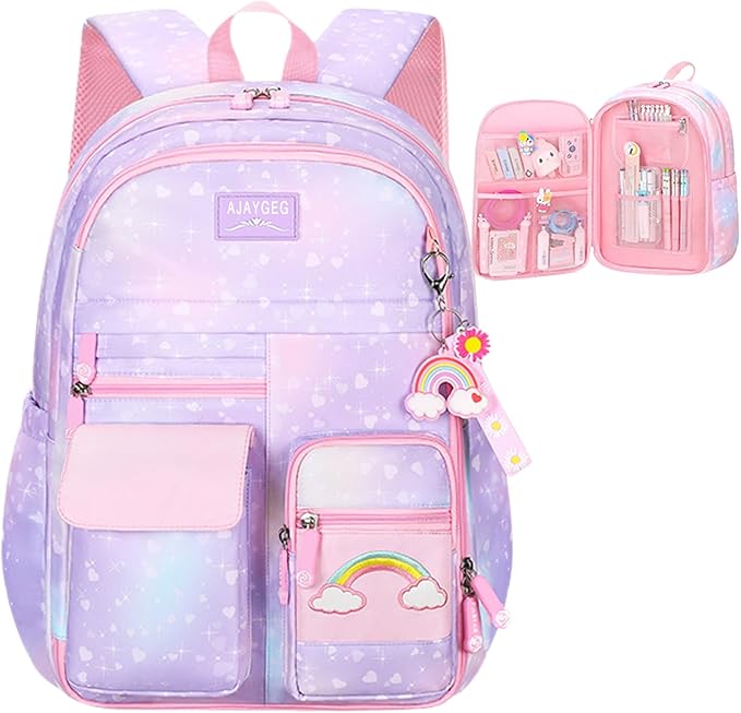 Kawaii Backpack - Pink & Purple Starry Rainbow Bookbag for Girls & Kids