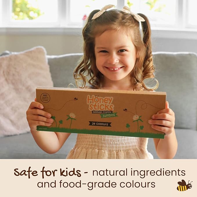 Honeysticks Jumbo Crayons (24 Pack) - Non Toxic Crayons - 100% Pure Beeswax and Food Grade Colors - 24 Bright Colors - Large, Easy to Hold and Use - Preschool Art Supplies for Toddlers/Kids 3-5, 4-8