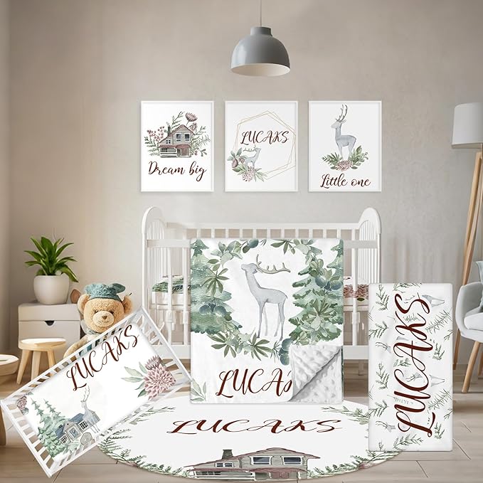 Personalized Baby Bedding Set - 5 Pcs Custom Toddlers Bedding Set with Infant Name - Soft Double Layer Nursery Crib Set for Girls Boys - Customized Infant Gifts for Baby Shower - Forest Deer