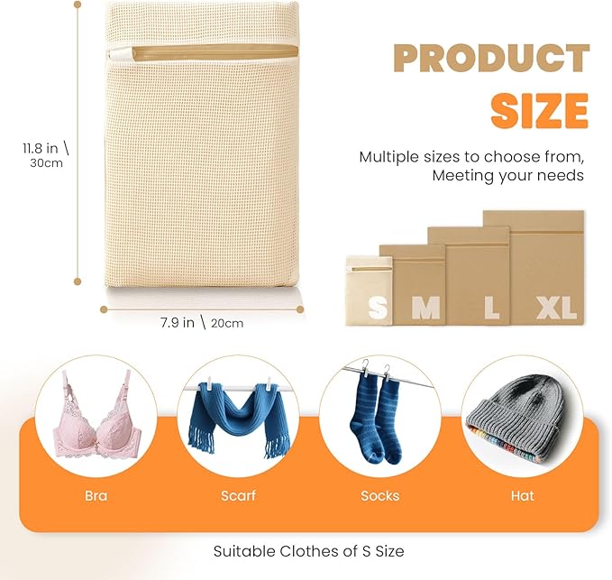 4Pcs Cotton Mesh Laundry Bags for Delicates,Breathable Mesh Garment Bag for Washing Machine,Travel Wash Bags with Zipper for Bras,Underwear,Socks,Baby Clothes,Laundry Dorm Room Essentials(S)