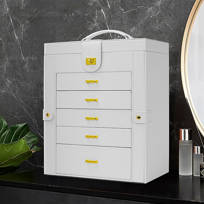 AKOZLIN Functional 6-Tier Jewelry Box Organizer with 5 Drawers Leather Jewelry Storage Case for Women Girls Ring Necklace Earring Bracelet Holder Organizer with Mirror White