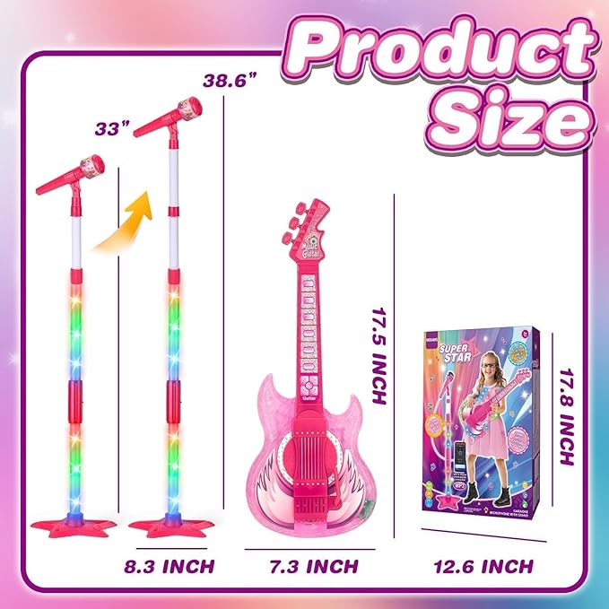 Kids Guitar and Microphone Set, Microphone with Stand and Color Light, Toy Guitar with Strap and Adjustable Volume, Toddler Musical Instrument for 5-9, Kids Karaoke Machine for Boy Girls (Pink)