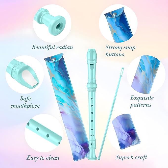 Soprano Recorder for Kids Beginners, German Fingering, C Key, 3 Piece with Cleaning Rod, Bag, Fingering Chart (Lake Green)…