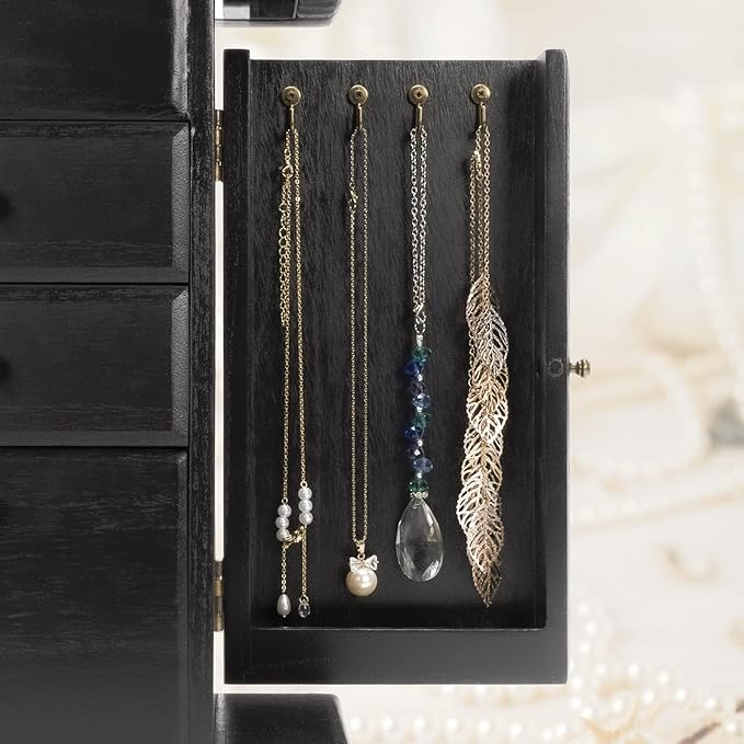 Jewelry Box for Women, Rustic Wooden Jewelry Boxes & Organizers with Mirror, 4 Layer Jewelry Organizer Box Display for Rings Earrings Necklaces Bracelets (Black)