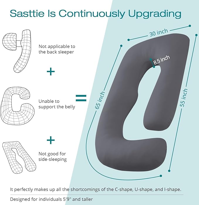 Sasttie Pregnancy Pillows for Sleeping, Jumbo U Shaped Cooling Full Body Pillow with Removable Cover, Pregnant Women Must Haves, Maternity Essential, Dark Grey