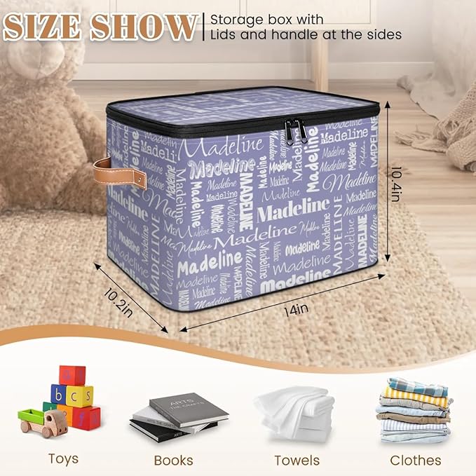 Custom Storage Basket with Name, Personalized Storage Bins with Zipper Lid, Foldable Fabric Storage Box Large capacity with Handle Haze Purple