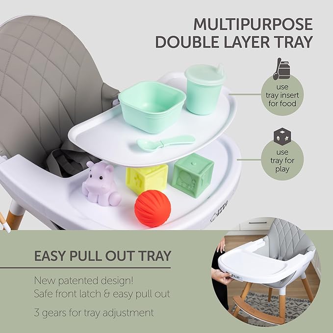Convertible High Chair for Babies, Toddlers, Kids & Children - Wooden Highchair with Adjustable Height & Dishwasher Safe Tray - Wood Feeding & Dining Chair - Converts to Booster Seat - KoolaBaby