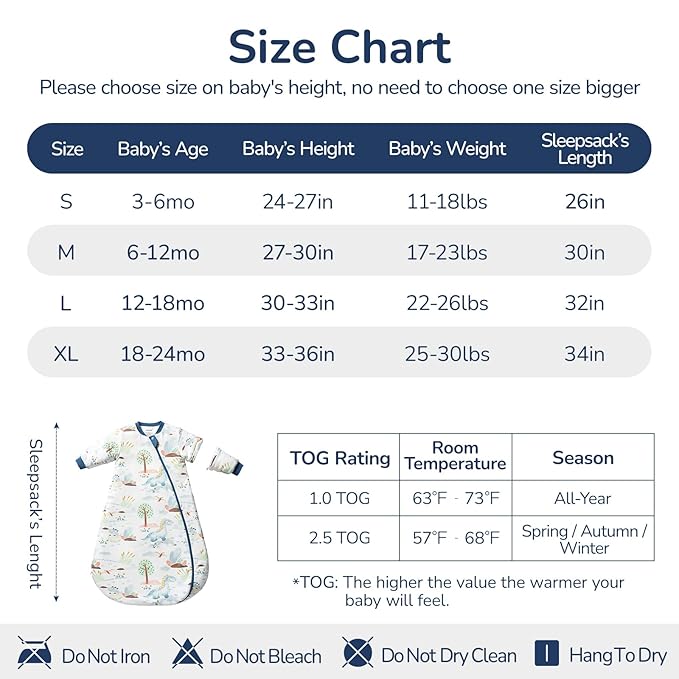 Baby Sleep Sack 3-6 Months, Cotton Detachable Long Sleeve Sleep Sack, 1.0 Tog Toddler Sleeping Sack with Temperature Strips, 2-Way Zipper Wearable Blankets for Newborns, Dinosaur