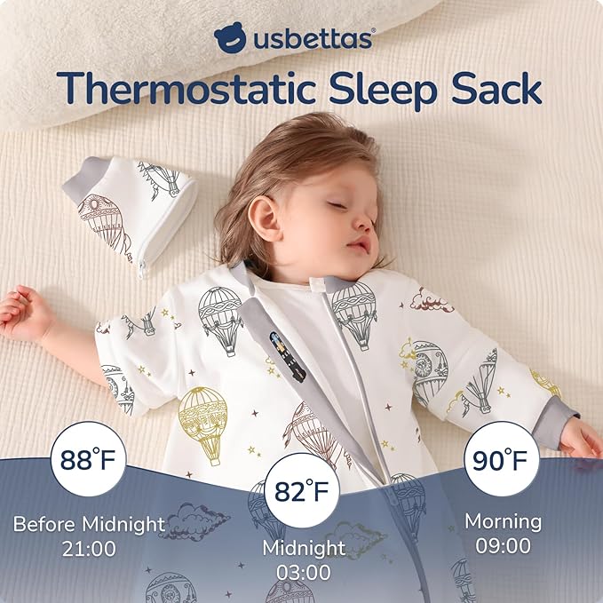 Baby Sleep Sack 12-18 Months, Cotton Detachable Long Sleeve Sleep Sack, 1.0 Tog Toddler Sleeping Sack with Temperature Strips, 2-Way Zipper Wearable Blankets for Newborns, Hot Air Balloon