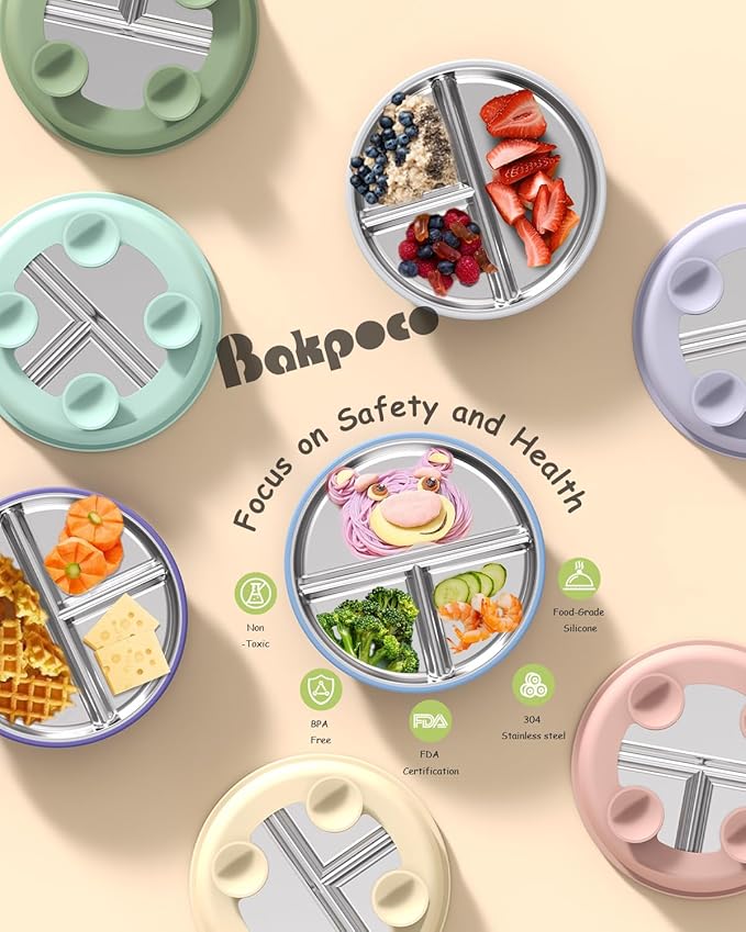 Stainless Steel Baby Plate with Suction, 8” Divided Toddler Plates with Removable Silicone Sleeves for Kids, Non-Toxic Non-Slip Unbreakable Dishwasher Safe Dinnerware Set of 2, Pink & Beige