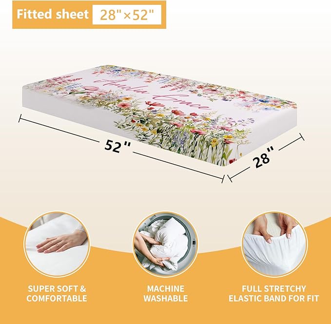 Custom Crib Bedding Set - 5 Pcs Customized Baby Crib Set with Name - Soft Double Layer Flower Nursery Baby Bedding Set for Girls Boys - Personalized for Infants Toddlers
