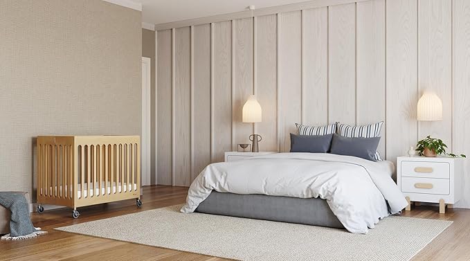 Foundations Boutique Folding Mini Baby Crib - Compact, Portable, Wooden Hotel Crib, Foldable Mini Cribs for Baby & Toddlers - Includes 3" Foam Mattress - Natural