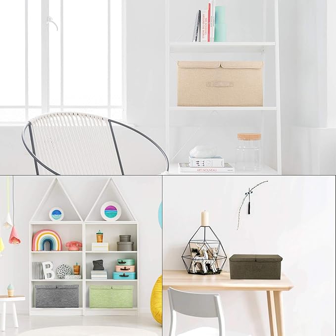 2 Pack Large Storage Boxes with Lids and Handles, Collapsible Linen Storage Bins Organizer Containers Baskets Cube with Removable Divider for Home Bedroom Closet Office (Cream, Small)