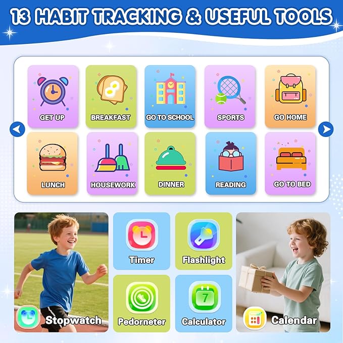 Smart Watch for Kids with 39 Games Touchscreen Camera Video, Music Player, Pedometer, Calculator, Calendar, Stopwatch, Flashlight, Alarm Clock 12/24 hr, Birthday Gifts Toys for Boys Ages 3-12