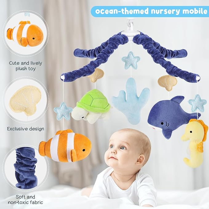 Ocean Animals Baby Crib Mobile - Musical Baby Mobile for Crib with 12 Lullabies for Boys & Girls, Baby Mobile for Bassinet for New Borns, Nursery Mobiles, Fits Standard Cribs