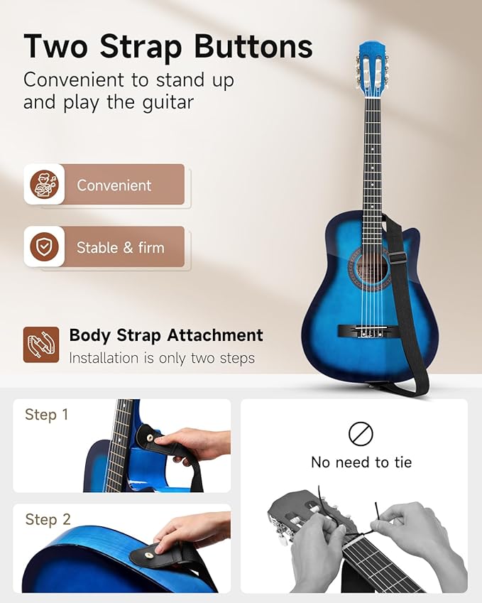 Moukey 38" Acoustic Guitar for Beginners Kids Youth Adult Cutaway Guitarra Acustica Kit with Chord Poster, Gig Bag, Tuner, Picks, Nylon Strings, Capo, Strap - Blue