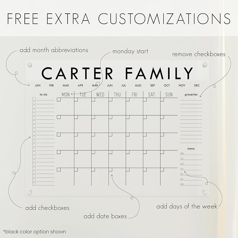 Personalized Clear Acrylic Calendar for Wall, Calendar Whiteboard for Wall, Dry Erase Wall Calendar, Wall Calendar Organizer System for Home (Block, Jade, 38"W x 26"H)