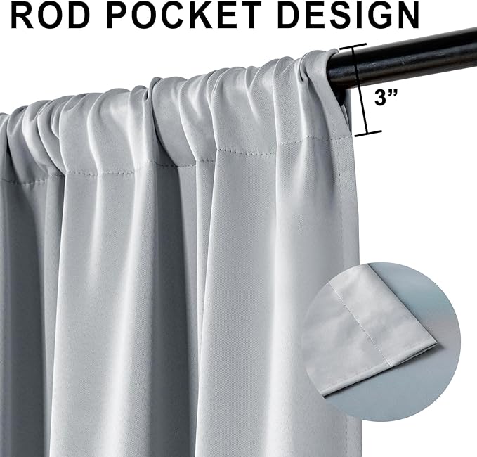 XWZO 100% Blackout Window Curtains - Rod Pocket Thermal Insulated & Completely Room Darkening Black Liner Window Panels with Tiebacks for Bedroom/Living Room, Light Grey, W70 x L63, Set of 2