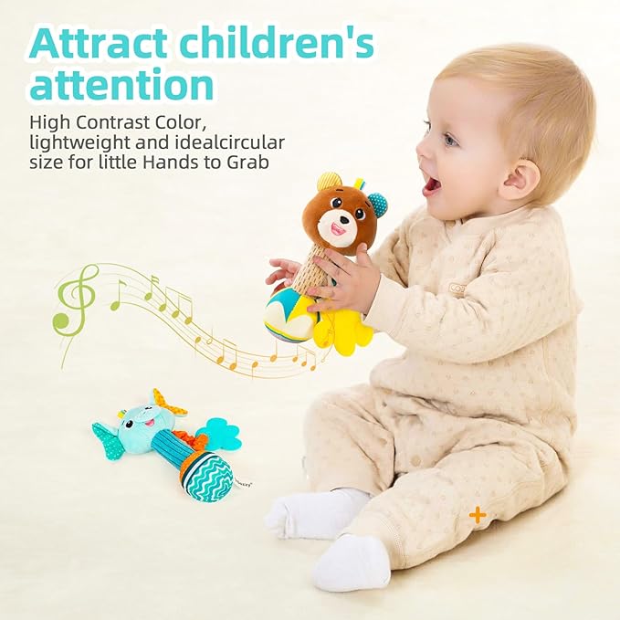 Baby rattles 0-6 months, Set of 2 rattles for babies 0-6 months, Soft Stuffed Animal Rattle Hand Grip Baby Toys, baby rattle Shaker Crinkle Squeaky Sensory Travel Accessories for 0 3 6 9 12 Months old