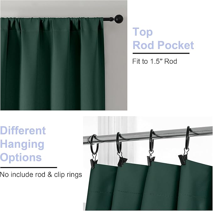 Simplebrand Ava Ever Green Blackout Curtains for Bedroom 90 Inches Long 2 Panels Set, Solid Privacy Energy Saving Living Room Window Treatment Curtains Blackout Drapes, W40 x L90 Inch, Ever Green